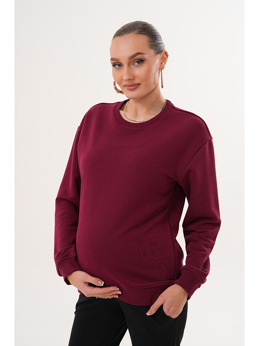 Bordo Bisiklet Yaka %100 Pamuk Hamile ve Lohusa Basic Sweatshirt-7
