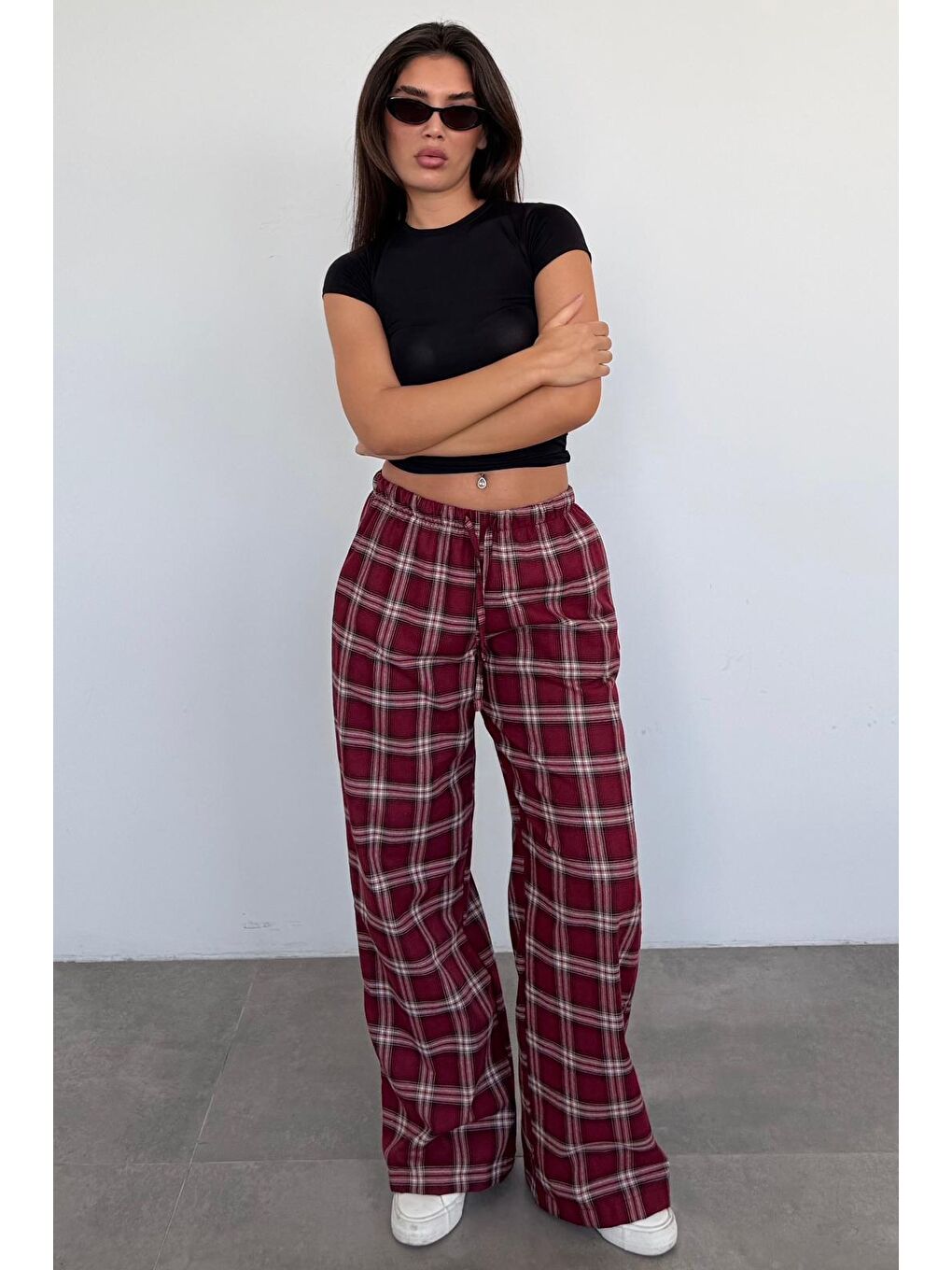 Bordo Lastikli Bel Geniş Paça Ekose Pantolon Mg2658-2