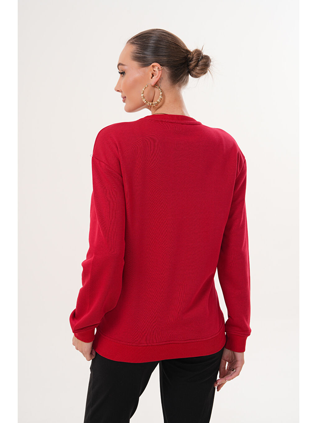 Kırmızı Bisiklet Yaka %100 Pamuk Hamile ve Lohusa Basic Sweatshirt-4