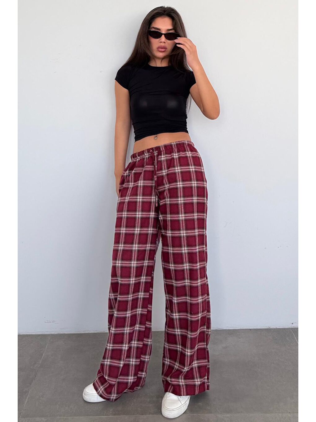 Bordo Lastikli Bel Geniş Paça Ekose Pantolon Mg2658-3