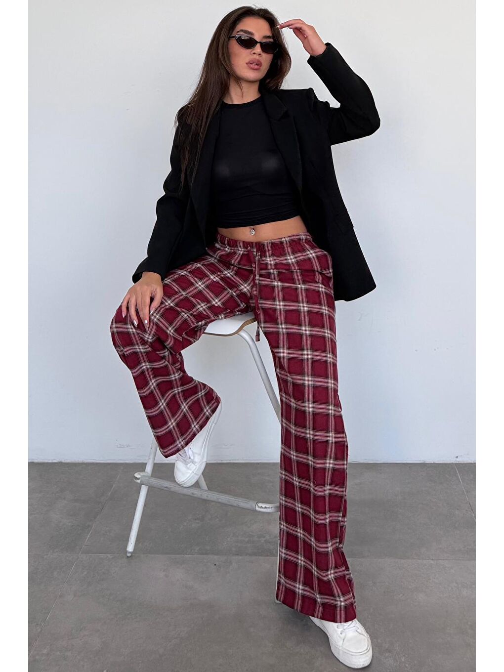 Bordo Lastikli Bel Geniş Paça Ekose Pantolon Mg2658-4