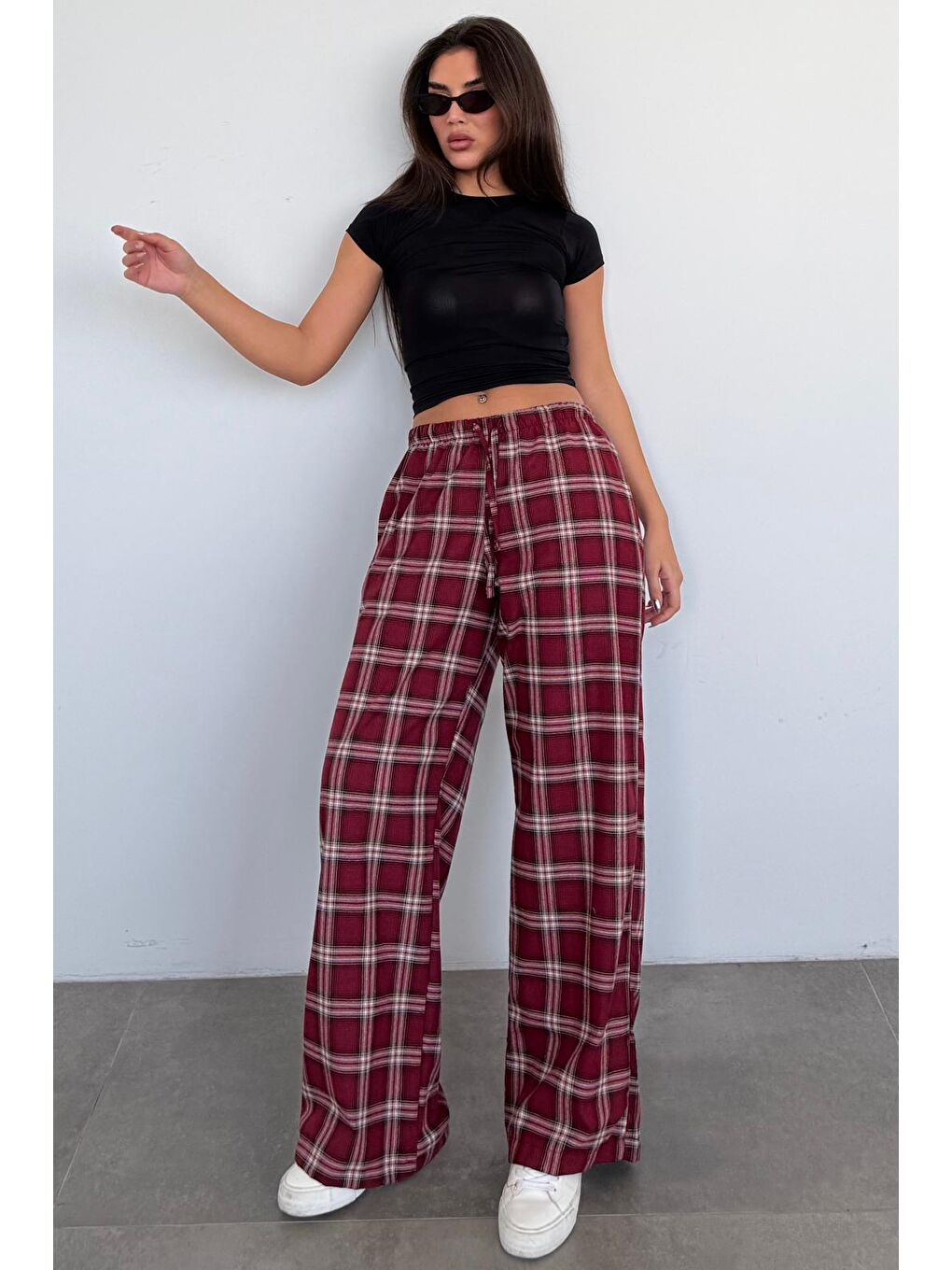 Bordo Lastikli Bel Geniş Paça Ekose Pantolon Mg2658-5