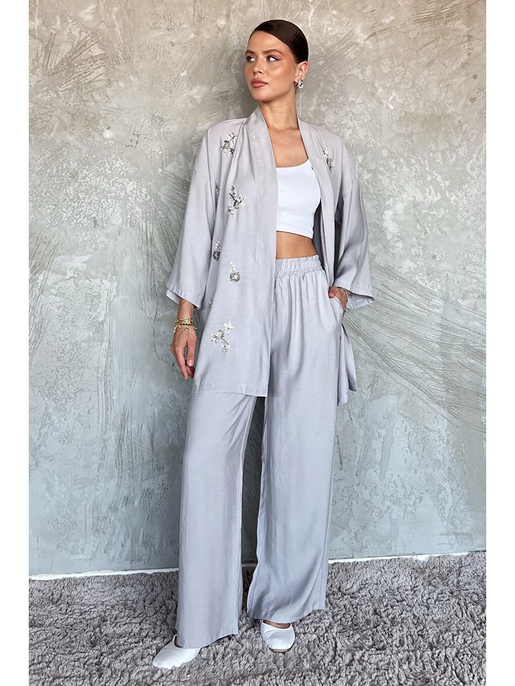 Gri Taşlı Kimono Pantolon İkili Takım