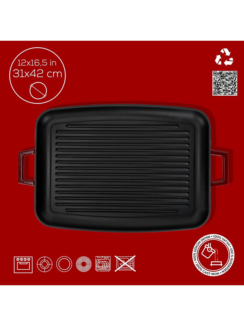 Bordo Dikdörtgen Izgara Tepsi Döküm Demir Yekpare Çift Kulplu Ölçü 31x42cm.-3