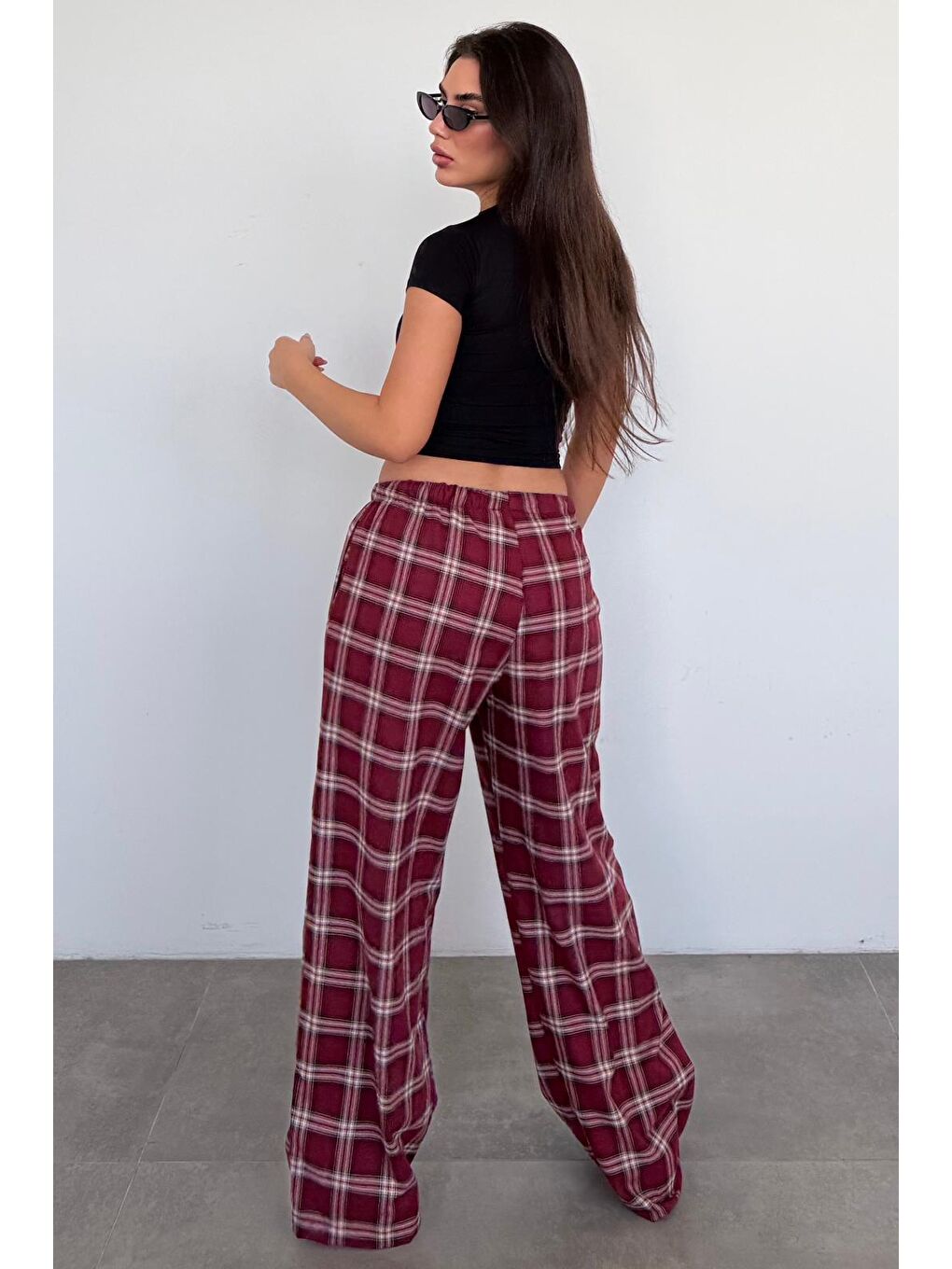 Bordo Lastikli Bel Geniş Paça Ekose Pantolon Mg2658-6