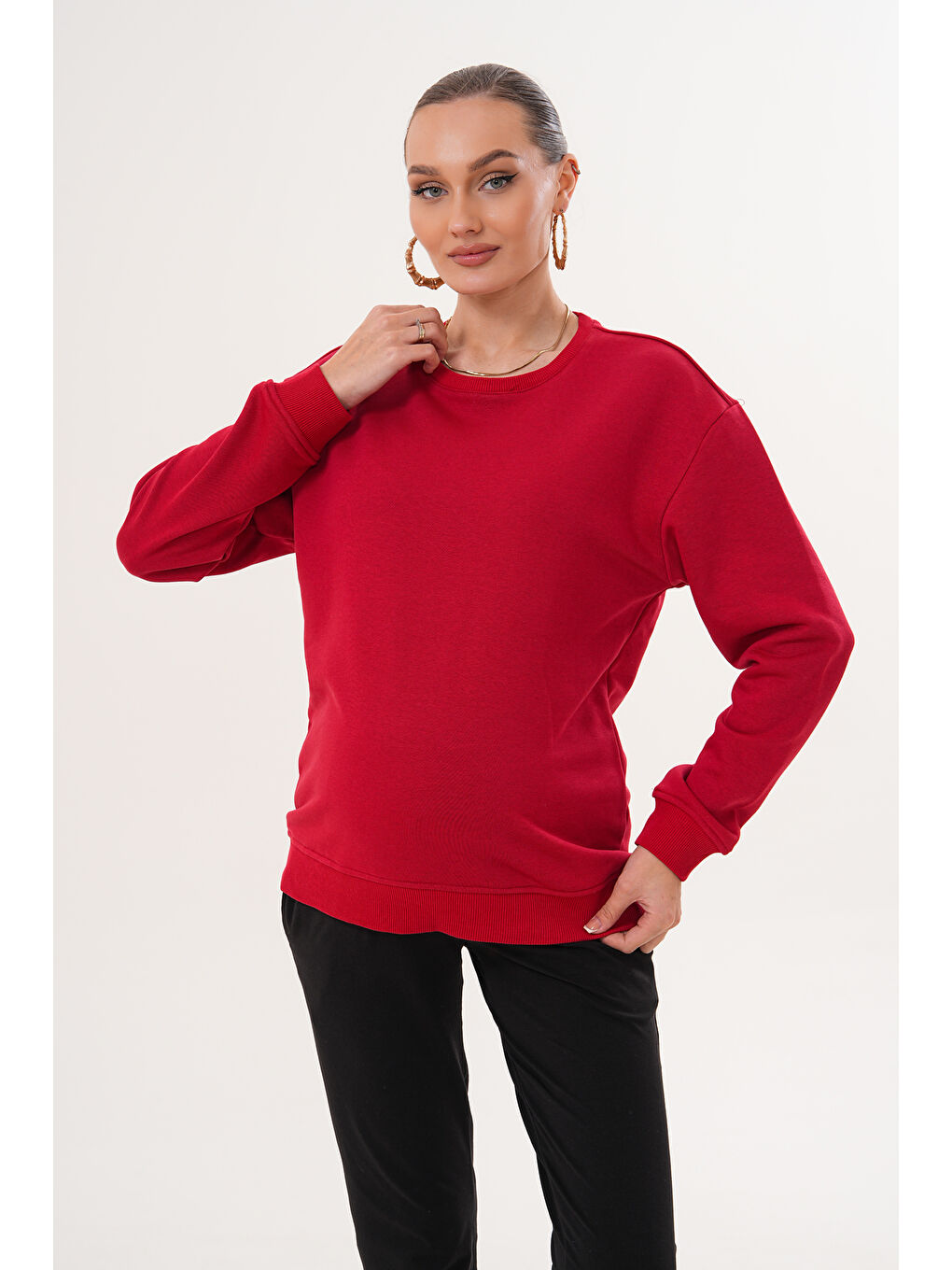 Kırmızı Bisiklet Yaka %100 Pamuk Hamile ve Lohusa Basic Sweatshirt-5