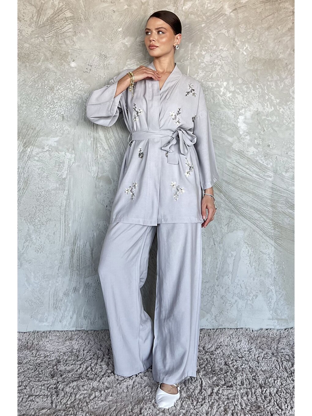 Gri Taşlı Kimono Pantolon İkili Takım-1