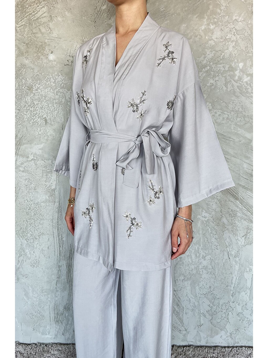 Gri Taşlı Kimono Pantolon İkili Takım-3