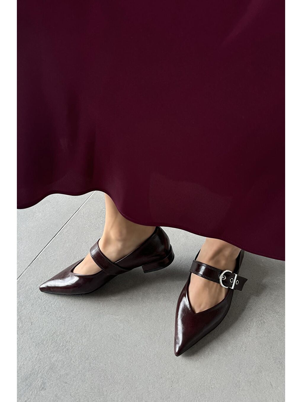 Pansy  Kadın Kemer Detay Kırışık Deri Babet Bordo-1