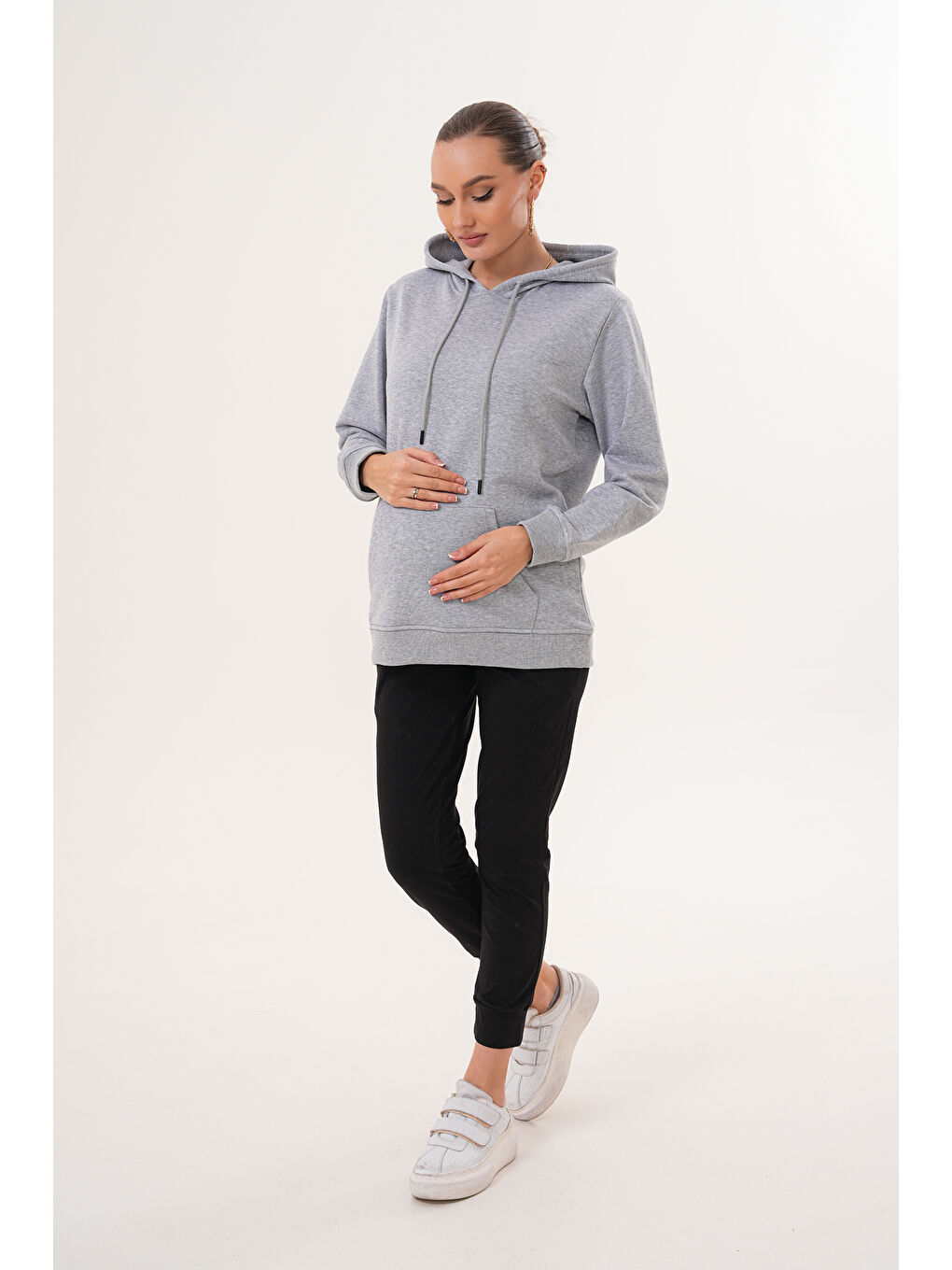 Gri %100 Pamuk Hamile ve Lohusa Basic Kapüşonlu Sweatshirt