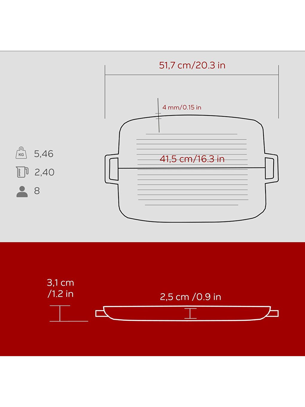 Bordo Dikdörtgen Izgara Tepsi Döküm Demir Yekpare Çift Kulplu Ölçü 31x42cm.-4