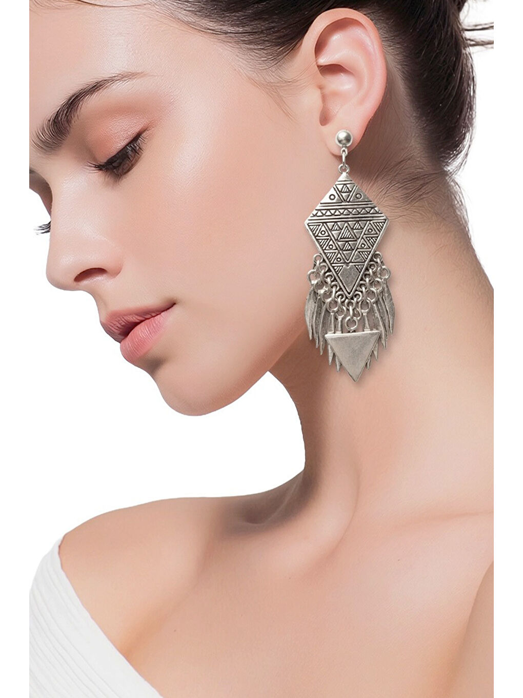 Gri Kadın Antik Gümüş Kaplama Etnik Motifli Çivili Model Küpe-1