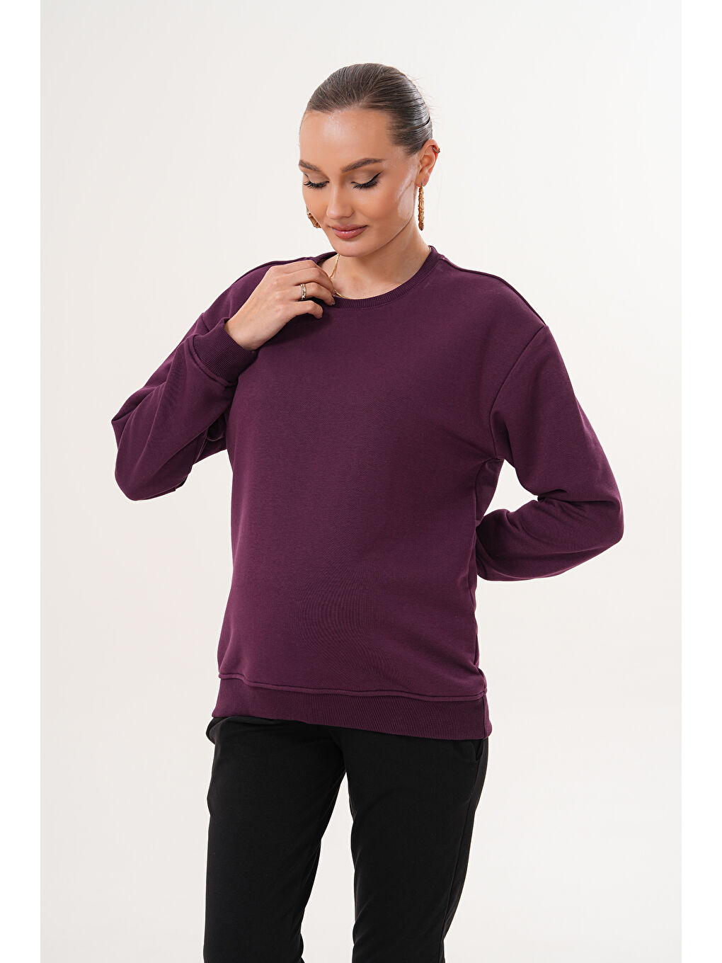 Mor Bisiklet Yaka %100 Pamuk Hamile ve Lohusa Basic Sweatshirt