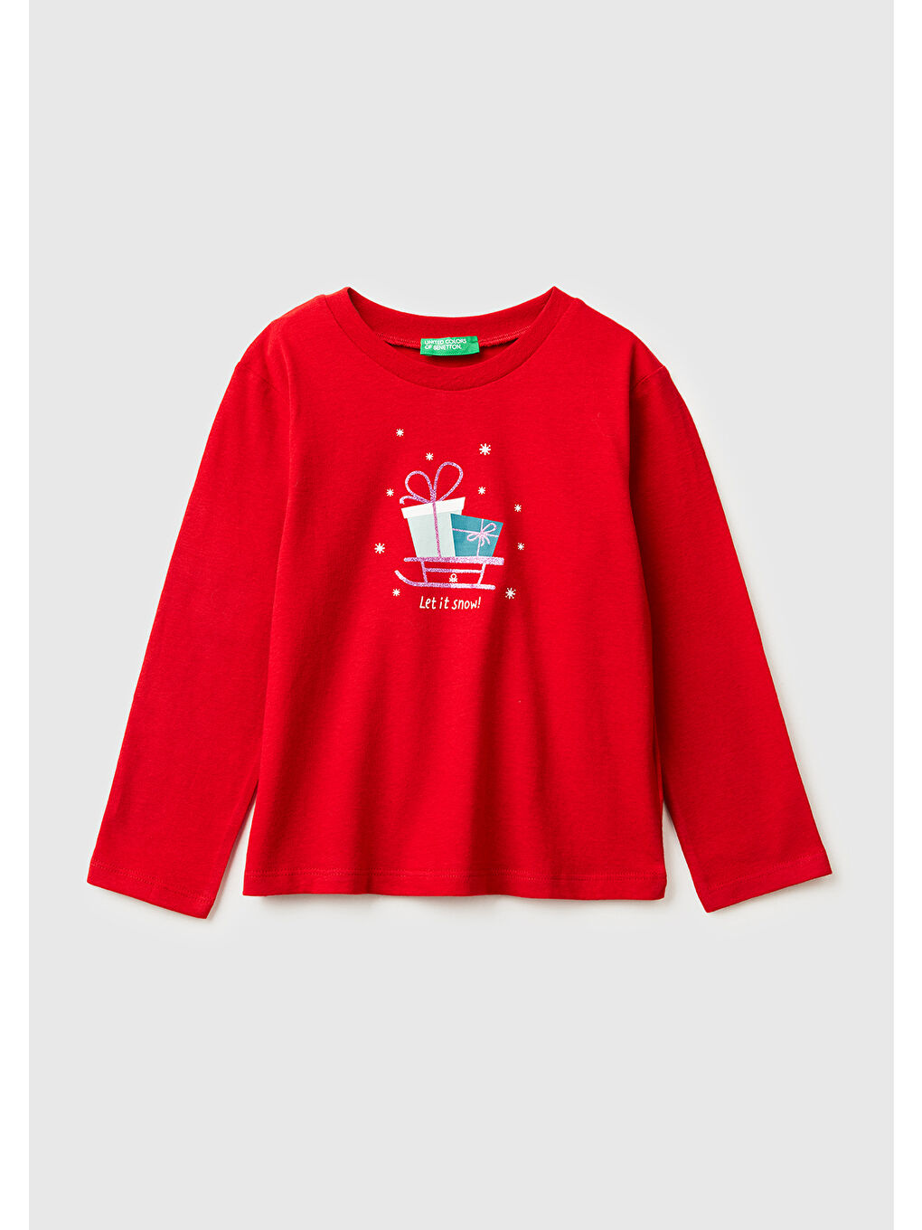 Kız Çocuk Kırmızı Simli Baskılı Bisiklet Yaka Regular Fit Uzun Kollu T-shirt