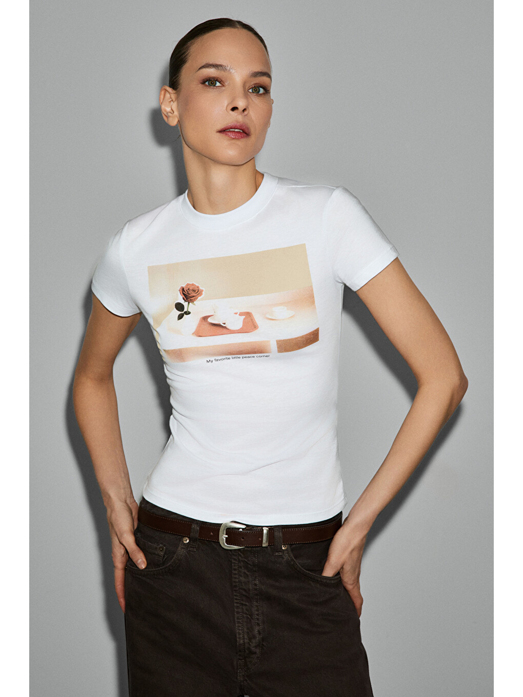 Areluna Kadın Organik Pamuklu Bisiklet Yaka Kısa Kollu Slim Fit Beyaz T-shirt-1