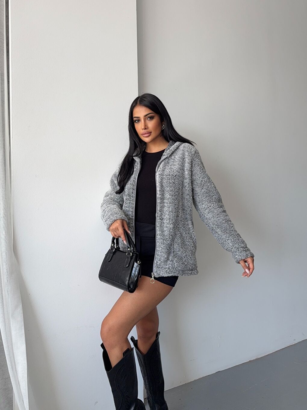 Fermuarlı Kapüşonlu Gri Polar Sweatshirt