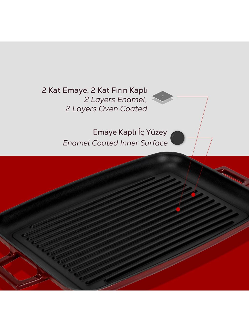 Bordo Dikdörtgen Izgara Tepsi Döküm Demir Yekpare Çift Kulplu Ölçü 31x42cm.-5