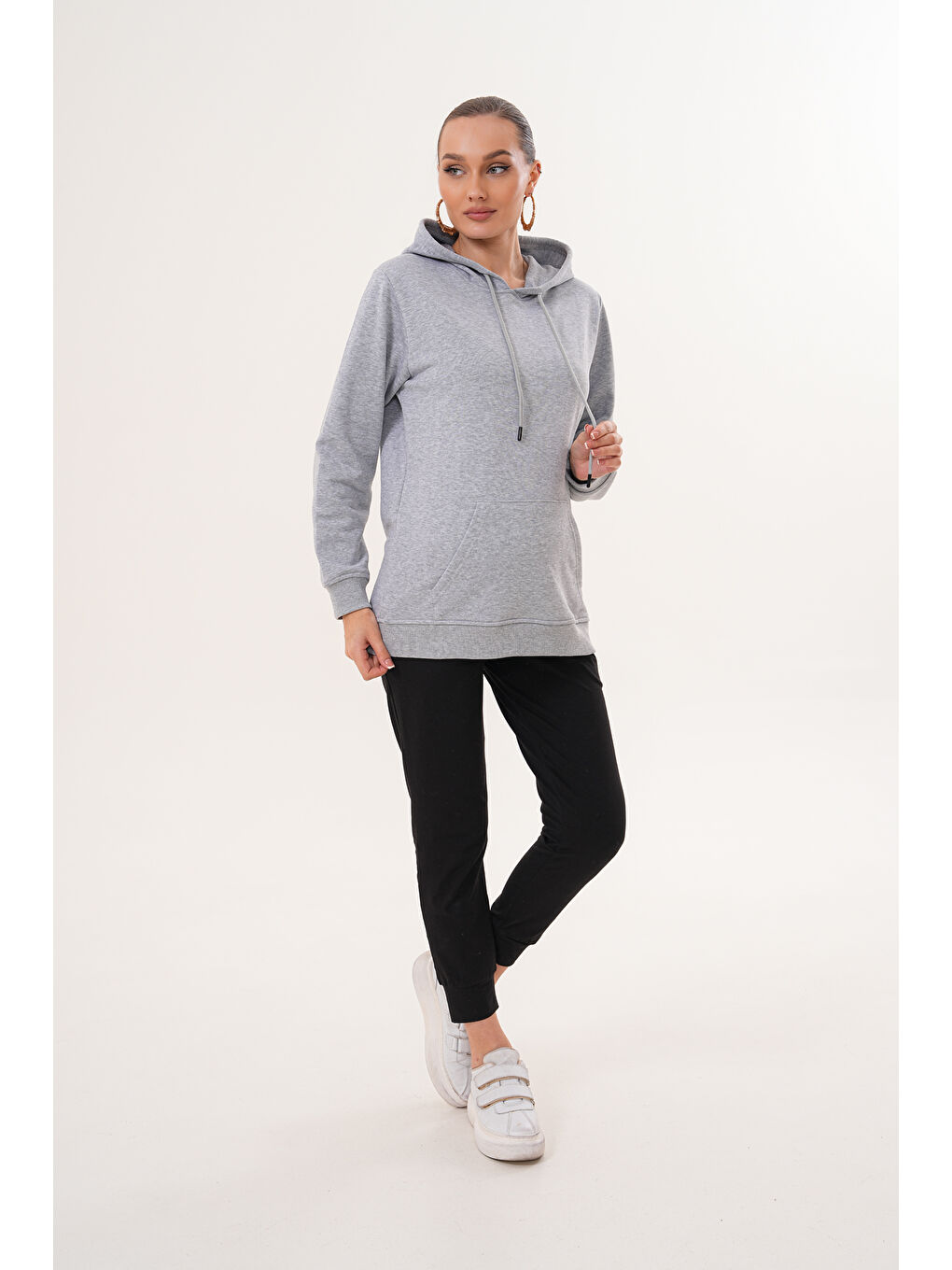 Gri %100 Pamuk Hamile ve Lohusa Basic Kapüşonlu Sweatshirt-1
