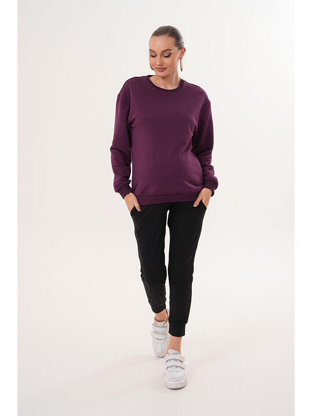 Mor Bisiklet Yaka %100 Pamuk Hamile ve Lohusa Basic Sweatshirt-1