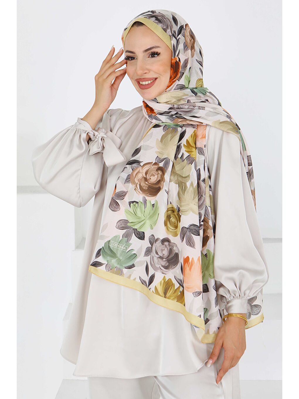 Sarı Flower Serisi Rose Lily Desenli Şal Hardal - 27594