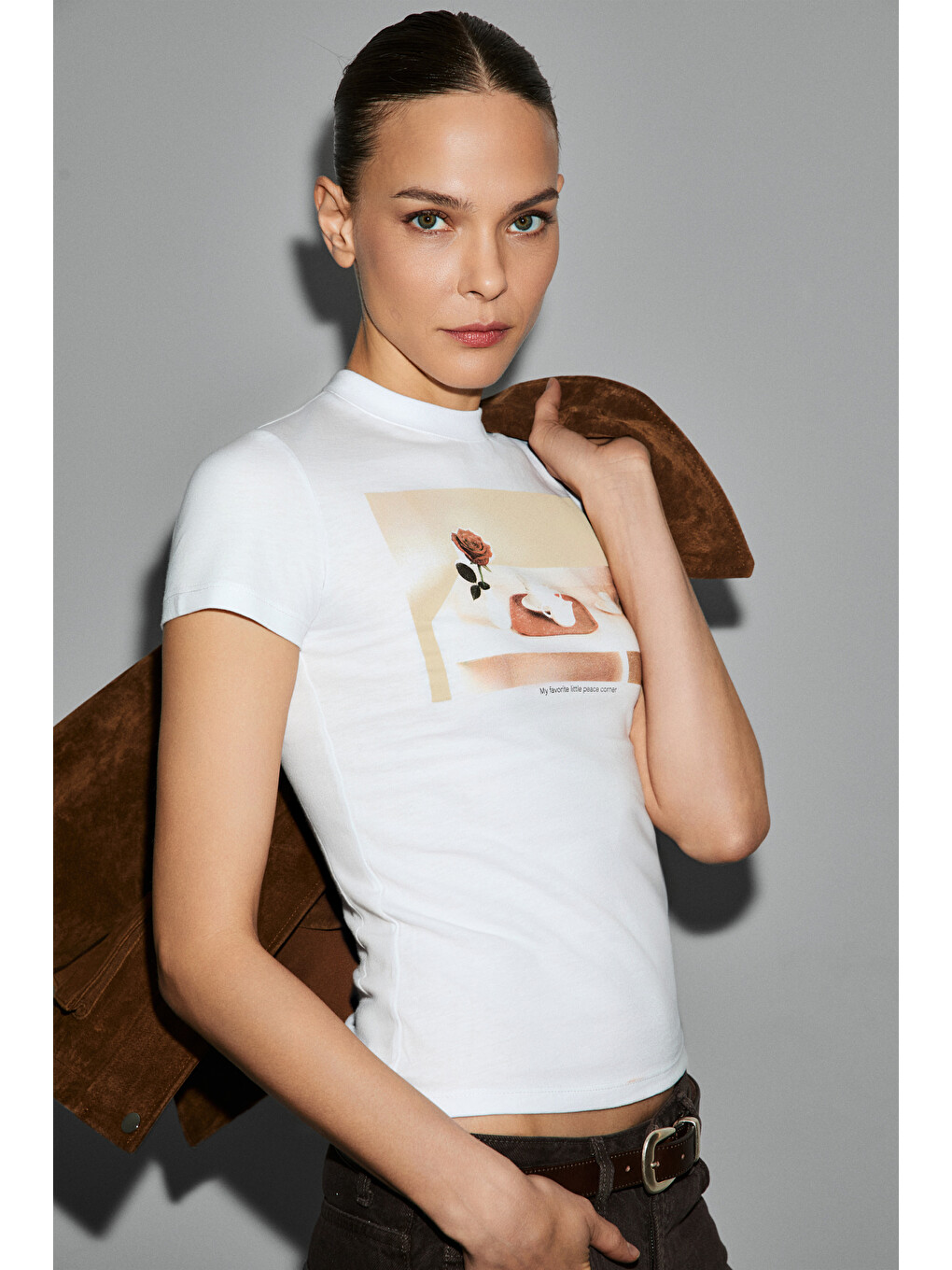 Areluna Kadın Organik Pamuklu Bisiklet Yaka Kısa Kollu Slim Fit Beyaz T-shirt-2