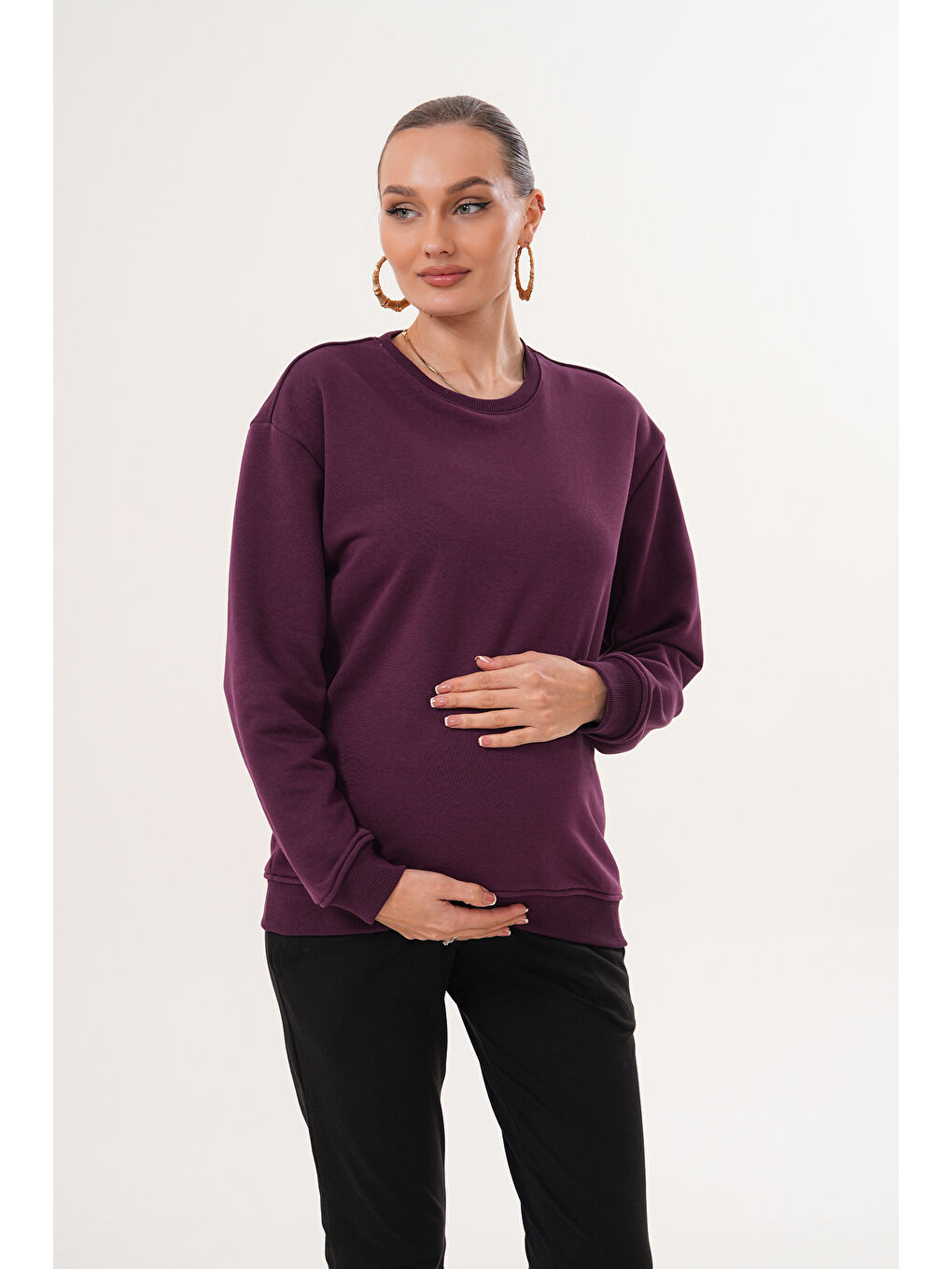 Mor Bisiklet Yaka %100 Pamuk Hamile ve Lohusa Basic Sweatshirt-2