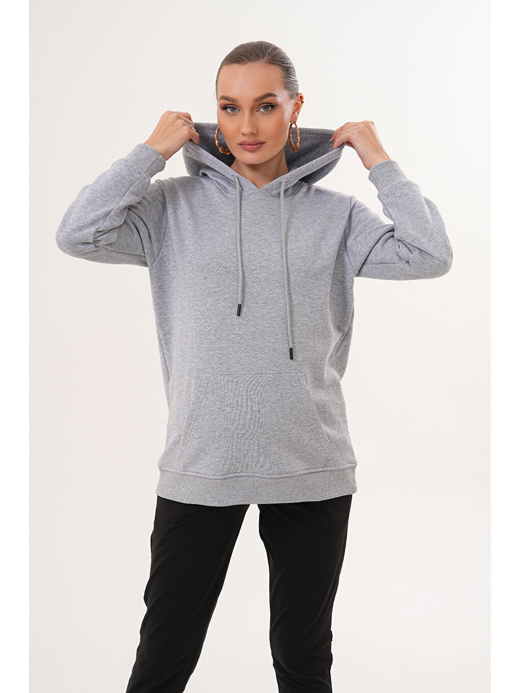 Gri %100 Pamuk Hamile ve Lohusa Basic Kapüşonlu Sweatshirt-2