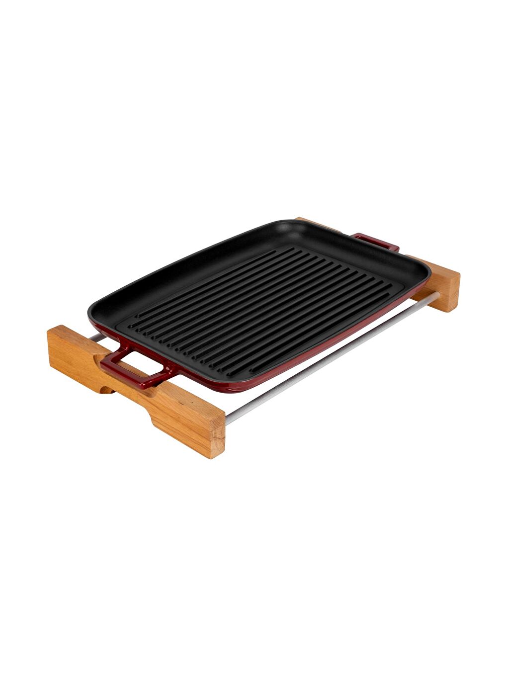 Bordo Dikdörtgen Izgara Tepsi Kayın Servis Ahşabı Döküm Demir Yekpare Çift Kulplu Ölçü 31x42cm.-1