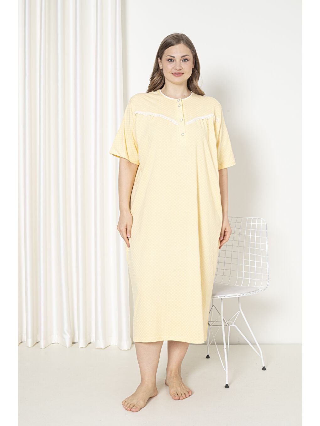 Sarı %100 Pamuklu Penye Kısa Kol Büyük Beden Anne Geceliği 051-1
