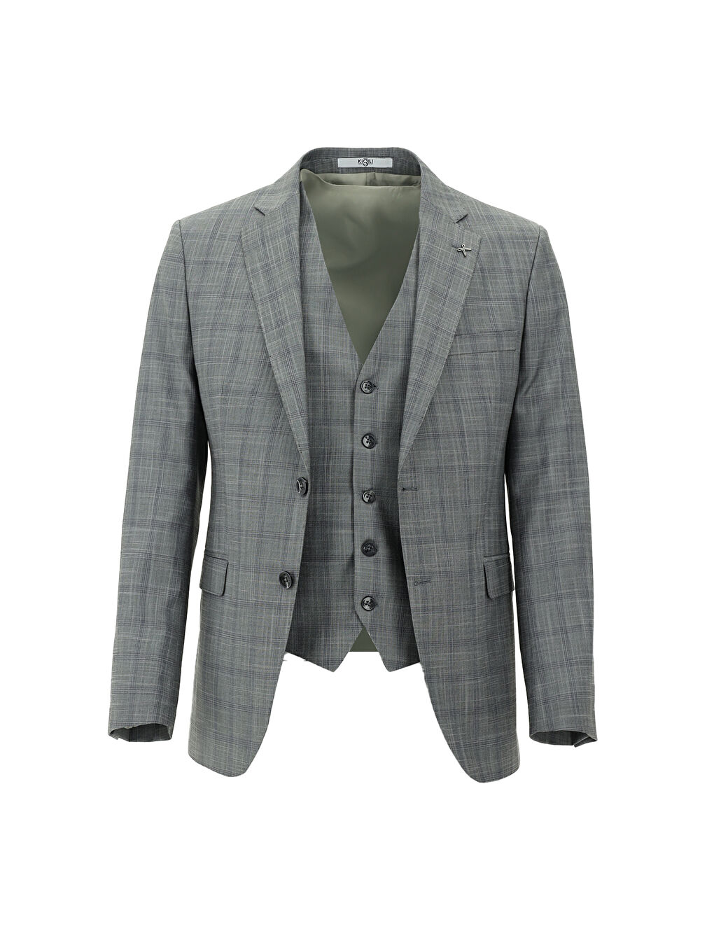 Gri Slim Fit Dar Kesim Kombinli Yelekli Takım Elbise-1