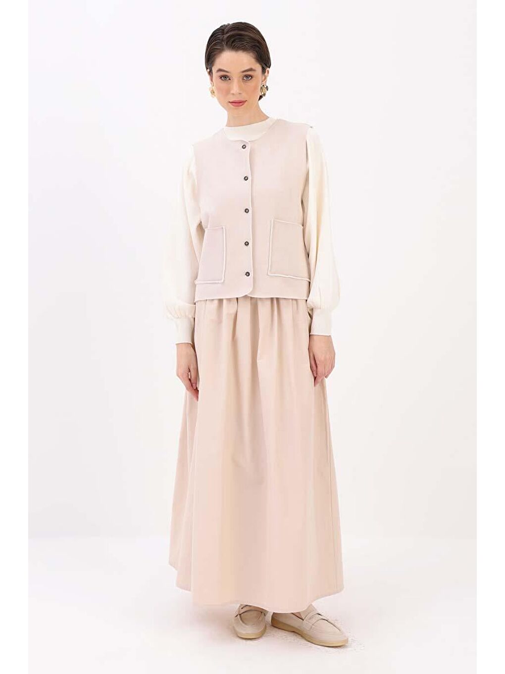 Bej Taş-Cepli Kısa Yelek-1