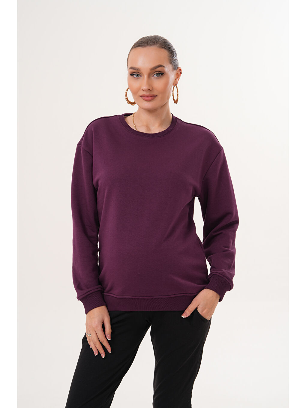 Mor Bisiklet Yaka %100 Pamuk Hamile ve Lohusa Basic Sweatshirt-3