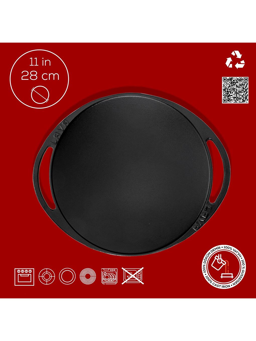 Bordo Yuvarlak Saç Kavurma Tavası Döküm Demir Yekpare Çift Kulplu Çap(Ø)28cm.-3