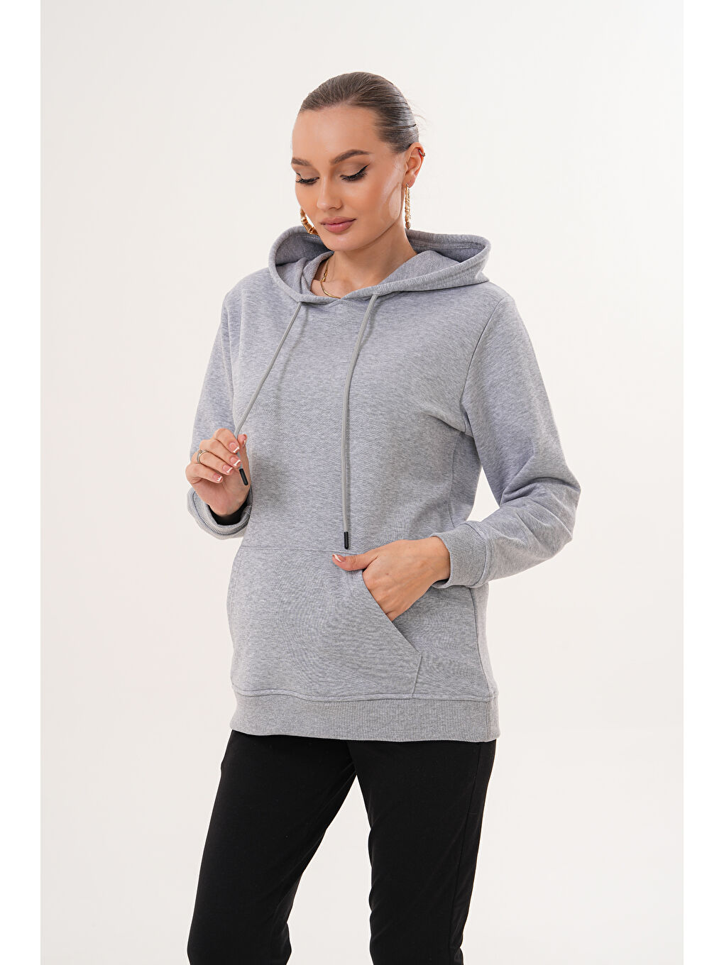 Gri %100 Pamuk Hamile ve Lohusa Basic Kapüşonlu Sweatshirt-3