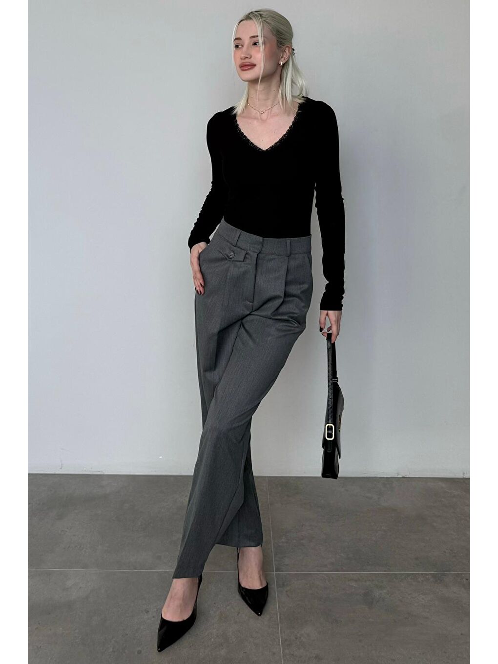 Antrasit Pens Detaylı Kapaklı Düz Paça Kumaş Pantolon Mg2642-3