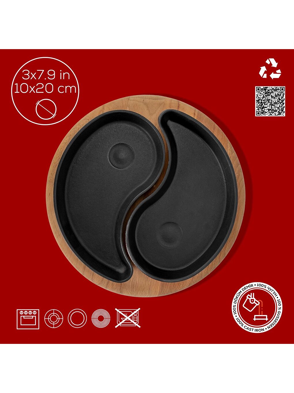 Bordo Damla Formlu 2'li Set Yingyang Fajita Tabağı Kayın Servis Ahşabı Ölçü 10x20cm.-3