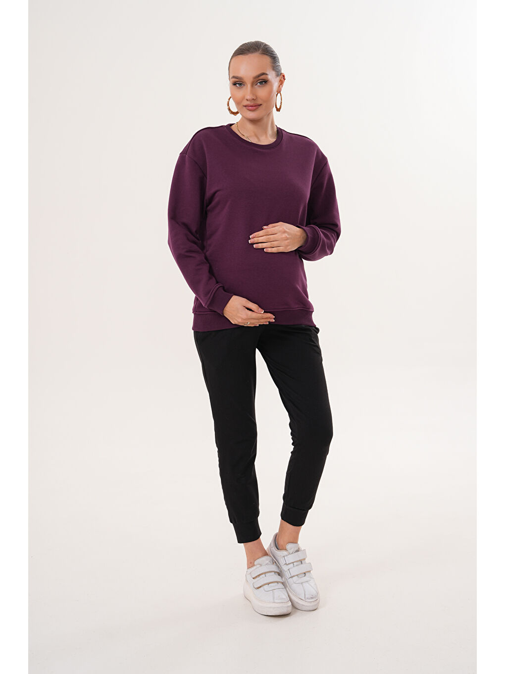 Mor Bisiklet Yaka %100 Pamuk Hamile ve Lohusa Basic Sweatshirt-4