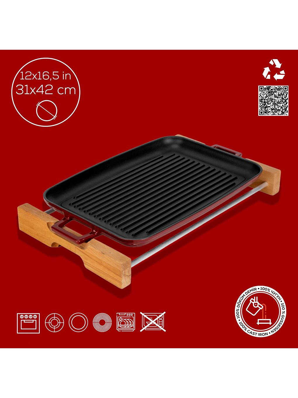 Bordo Dikdörtgen Izgara Tepsi Kayın Servis Ahşabı Döküm Demir Yekpare Çift Kulplu Ölçü 31x42cm.-3