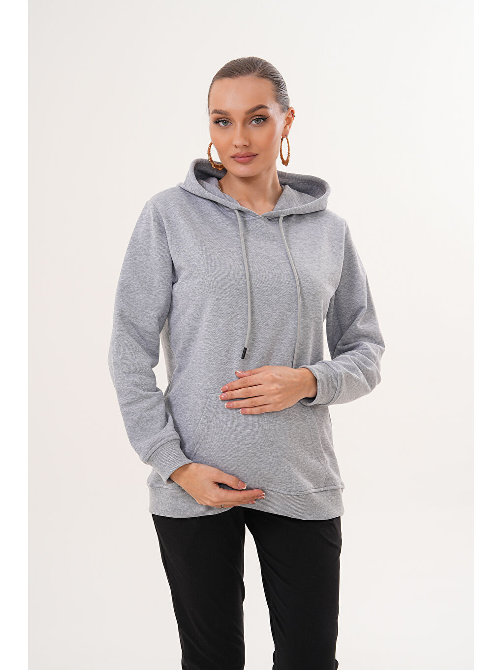 Gri %100 Pamuk Hamile ve Lohusa Basic Kapüşonlu Sweatshirt-4