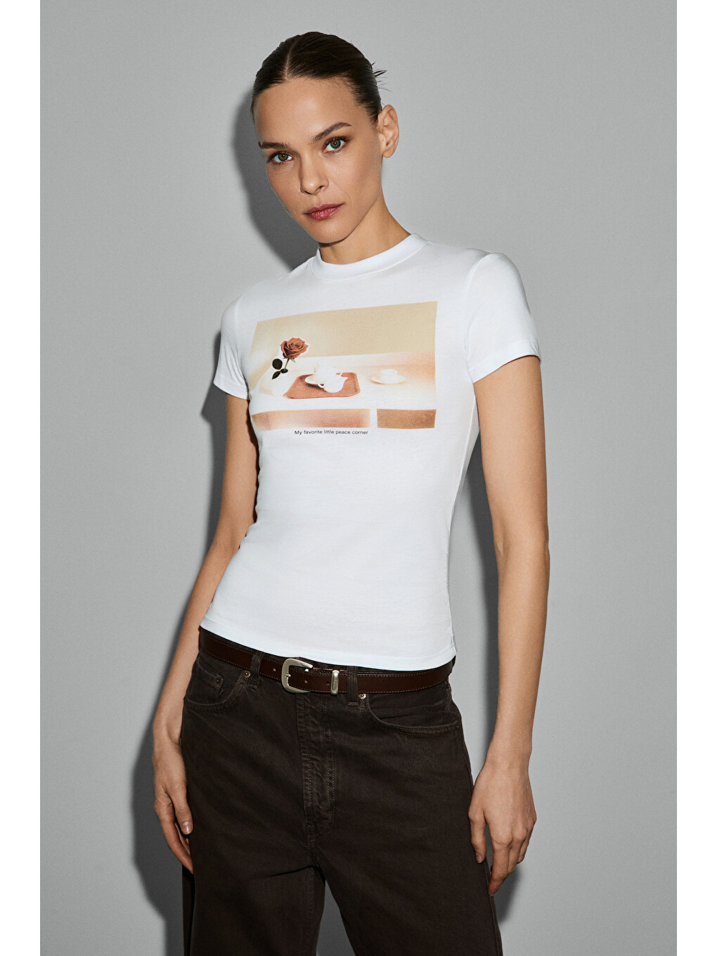 Areluna Kadın Organik Pamuklu Bisiklet Yaka Kısa Kollu Slim Fit Beyaz T-shirt-4