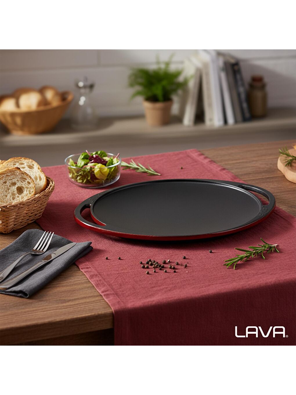 Bordo Yuvarlak Saç Kavurma Tavası Döküm Demir Yekpare Çift Kulplu Çap(Ø)28cm.-6