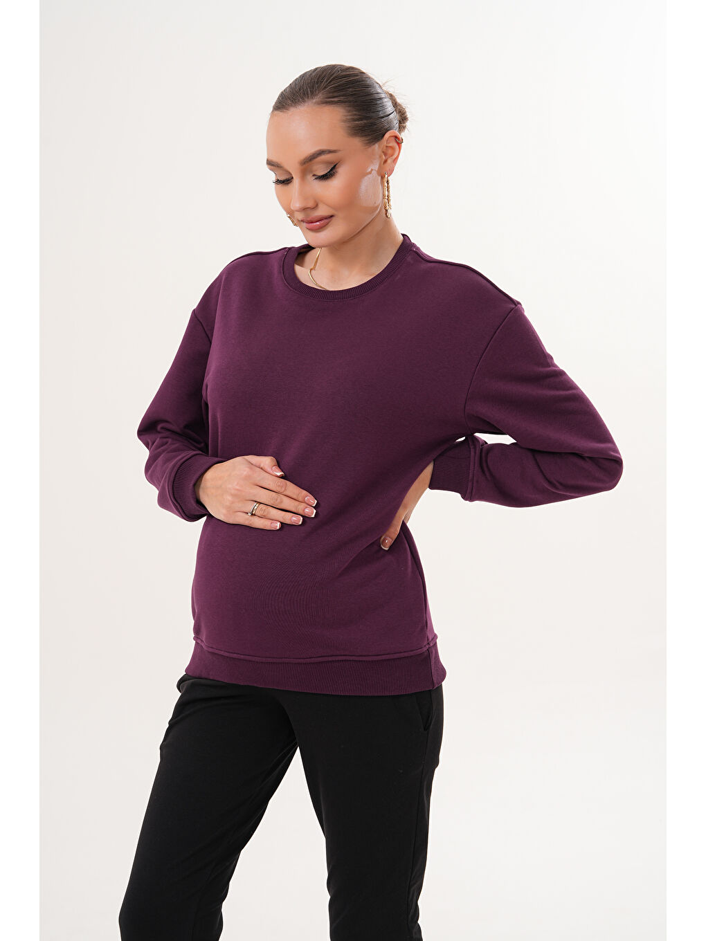 Mor Bisiklet Yaka %100 Pamuk Hamile ve Lohusa Basic Sweatshirt-5