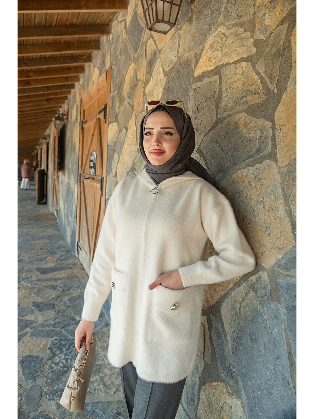 Kadın Fermuarlı Triko Ceket Bej-3