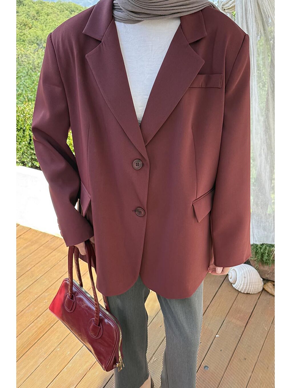 Dekoratif Cep Detaylı Tesettür Ceket Bordo-1