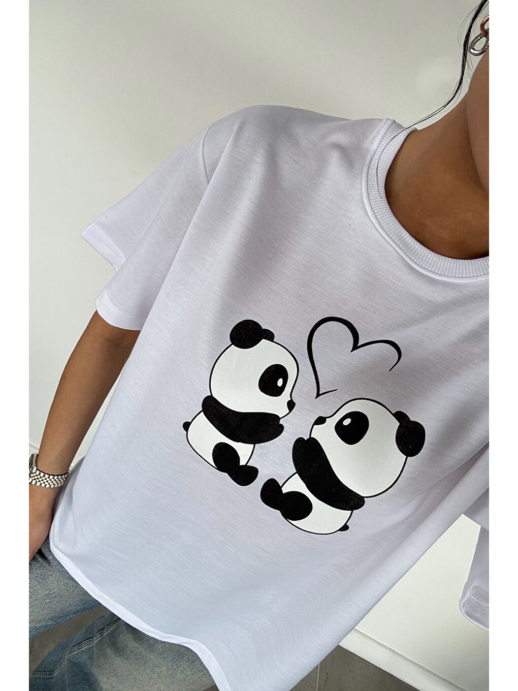 Beyaz Kadın Panda Baskılı Tişört