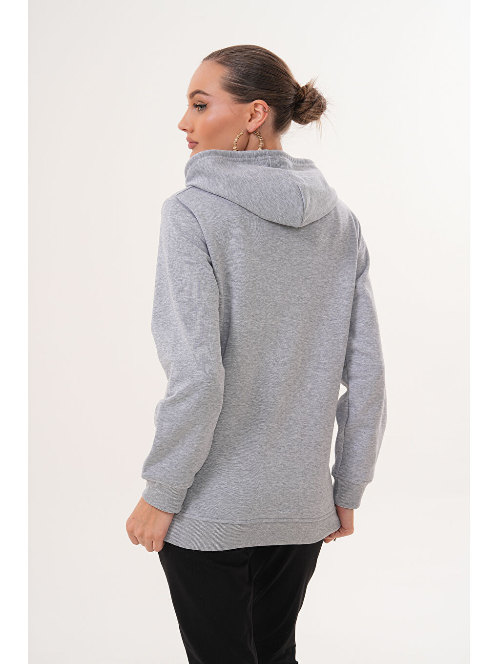 Gri %100 Pamuk Hamile ve Lohusa Basic Kapüşonlu Sweatshirt-5