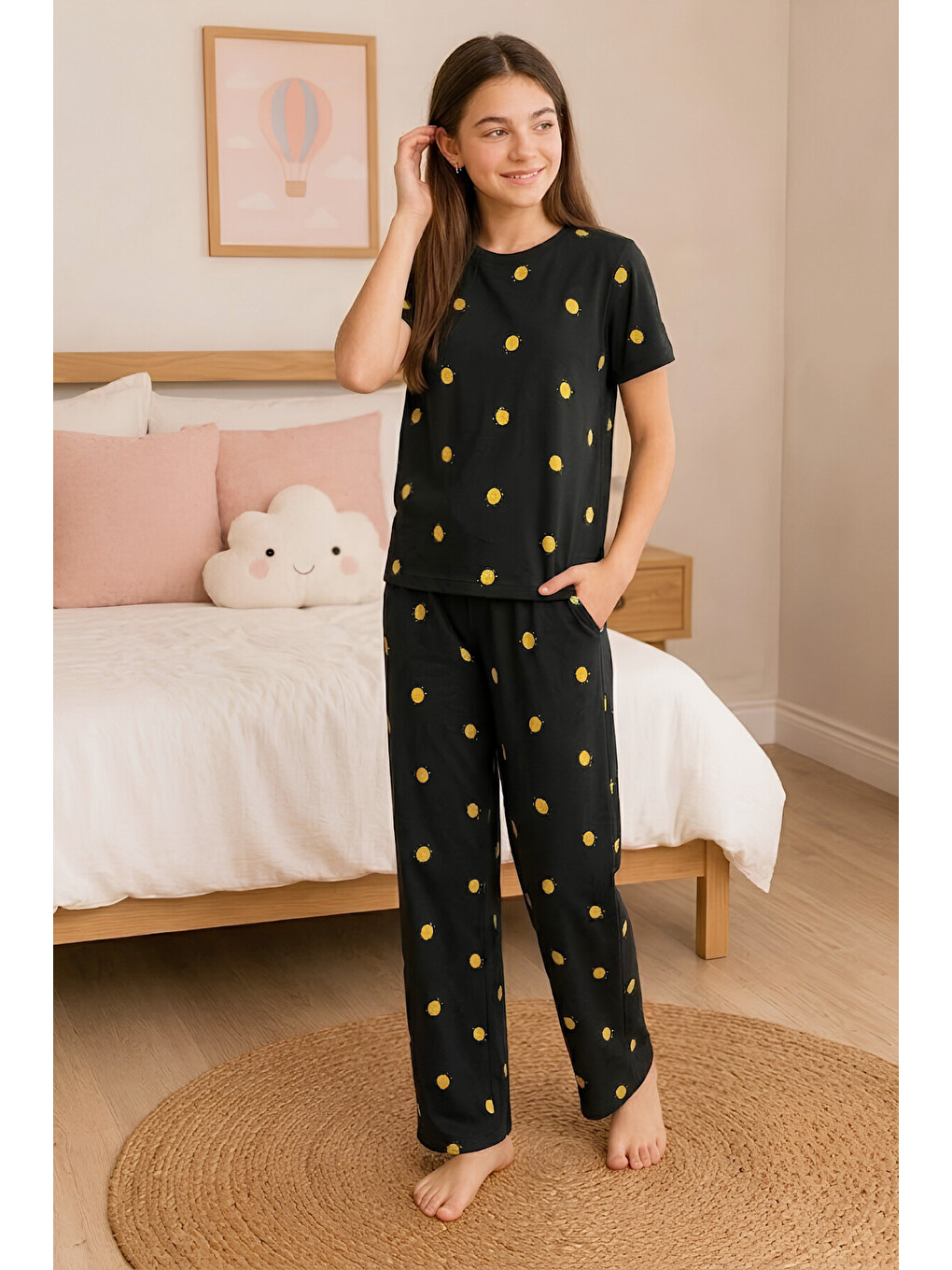 Siyah Kız Çocuk Milan Kumaş Pijama Takımı 7-16 Yaş 12700HC-1
