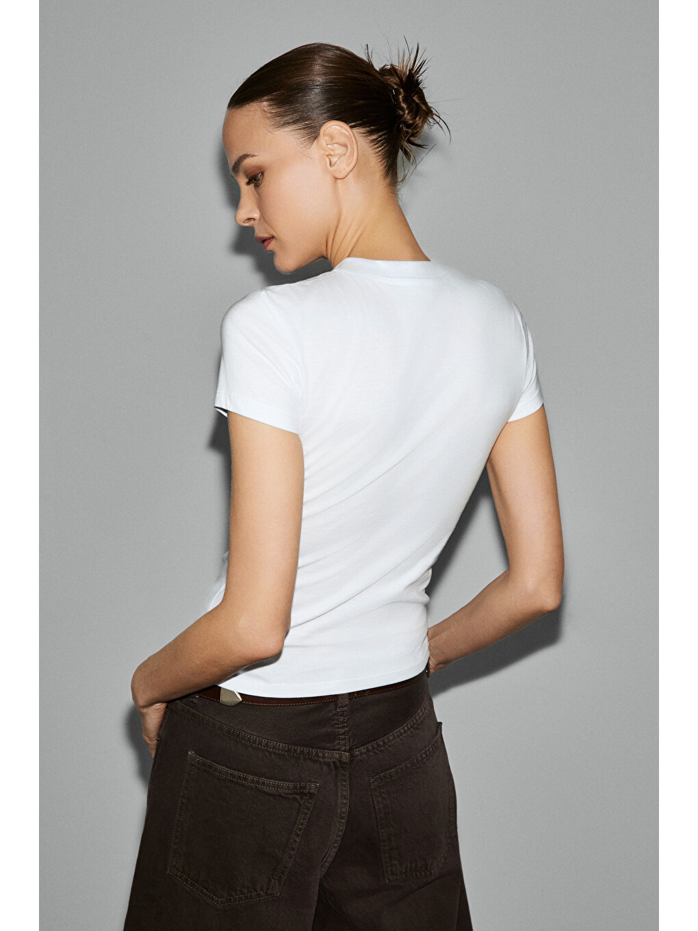 Areluna Kadın Organik Pamuklu Bisiklet Yaka Kısa Kollu Slim Fit Beyaz T-shirt-5