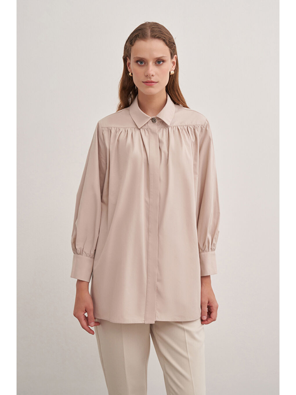 Bej 2233111 Gömlek Yaka Pamuk Bluz-1