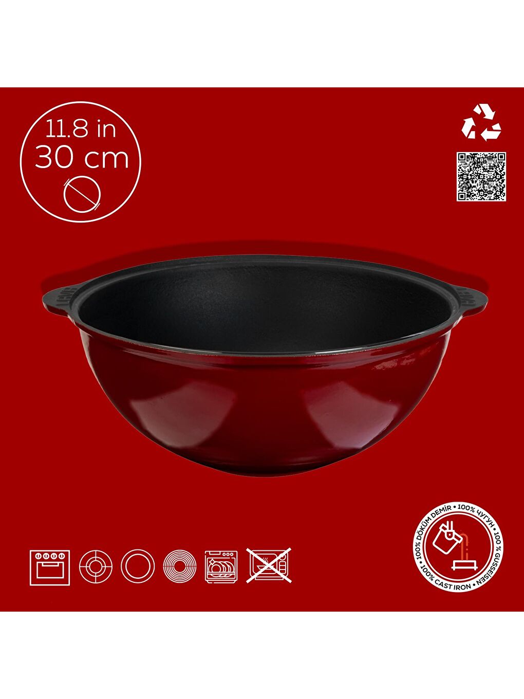 Bordo Yuvarlak Kazan / Tencere. Döküm Demir Yekpare Kulplu Çap(Ø)30cm.-3